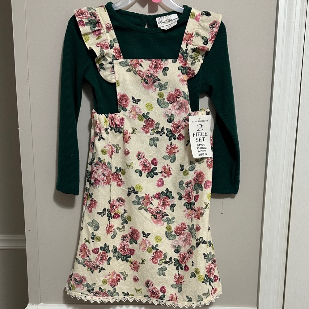 NWT Floral Kids Dress Set - Green long sleeve shirt & Cream w/ pink floral sz 6y